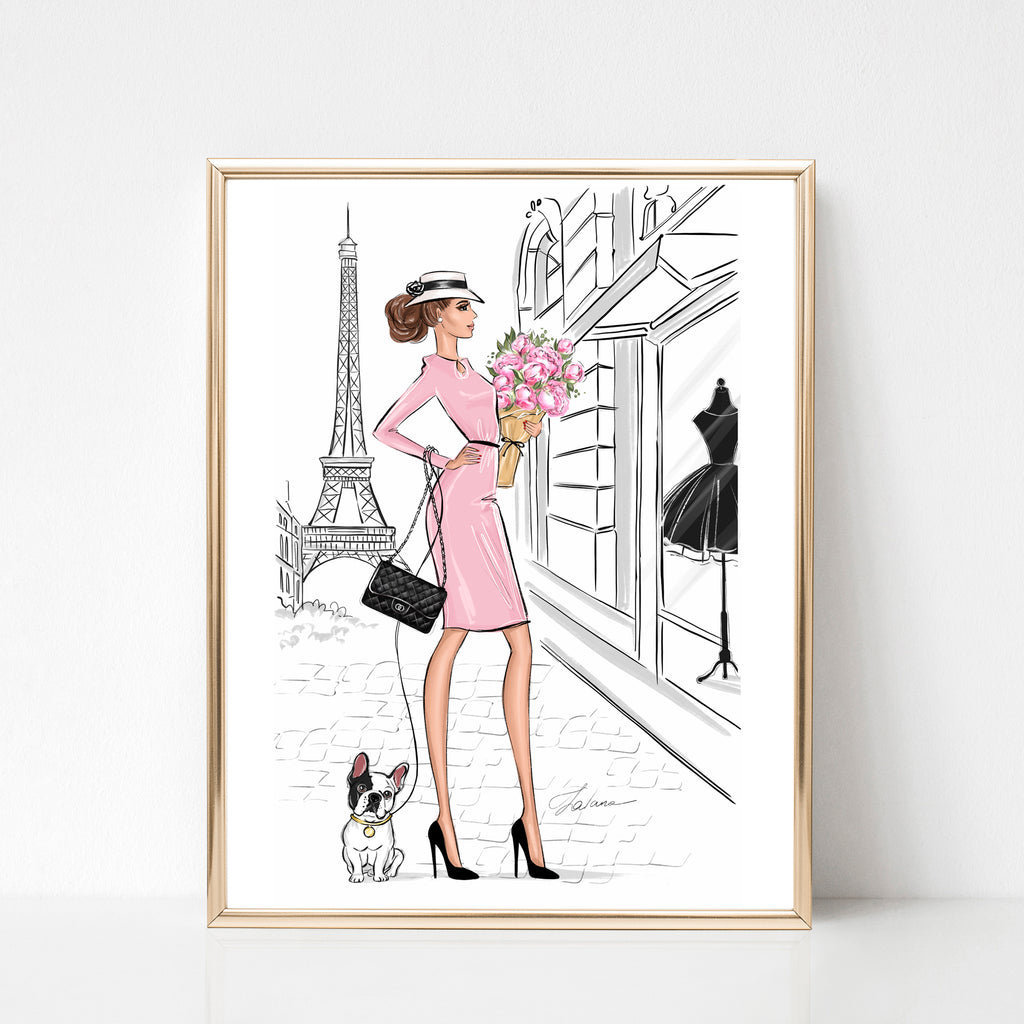 Spring in Paris, Lady with French Bulldog chic girly fashion illustrat ...