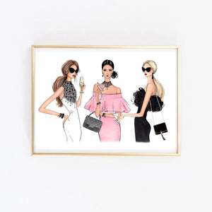 Ladies with cocktails art print fashion illustration