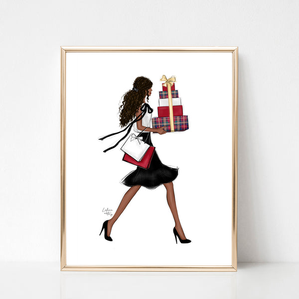 Christmas art fashion illustration of a sassy girl with gifts