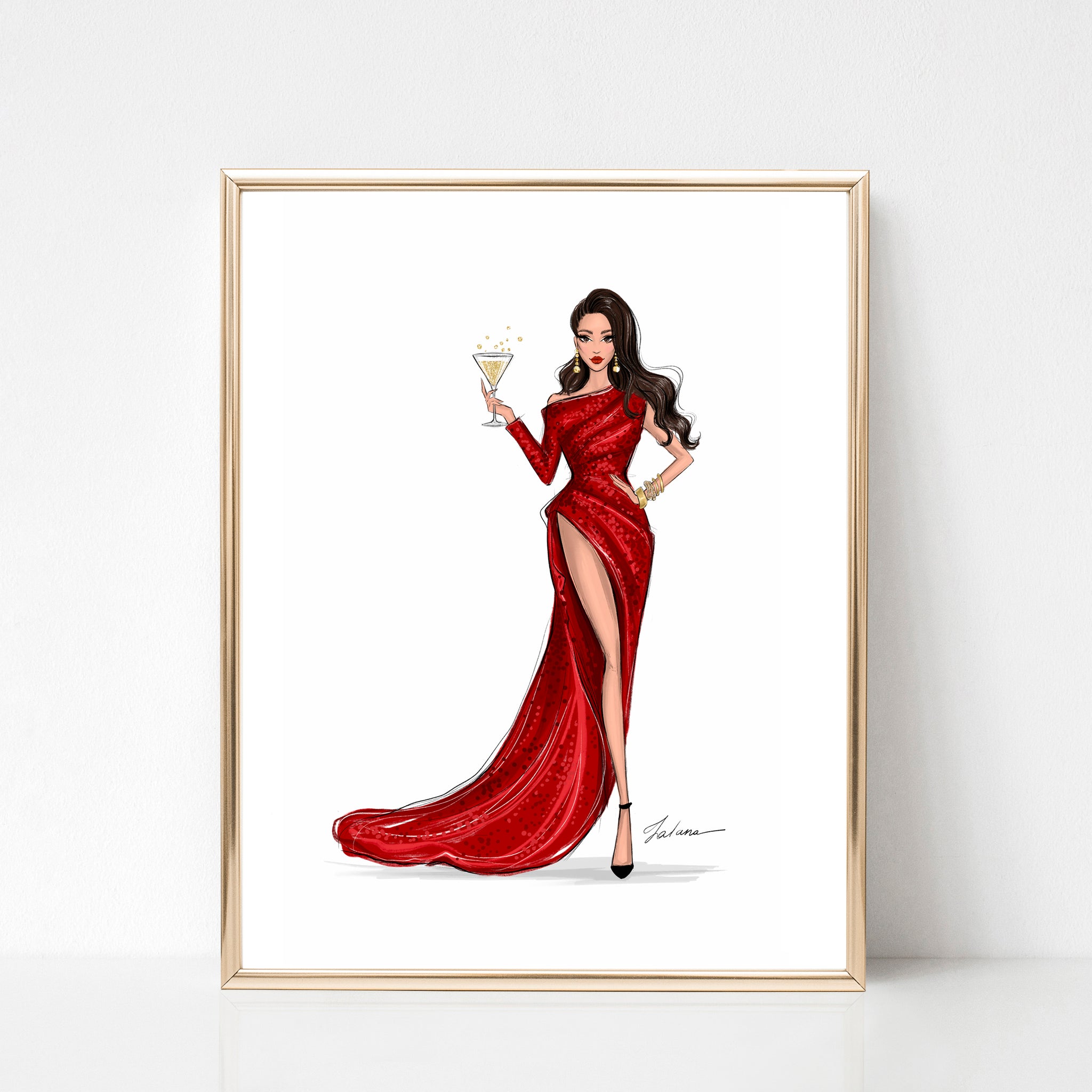 Girl in red gown Christmas art print fashion illustration Lalana Arts Girl in red gown Christmas art print fashion illustration Lalana Arts