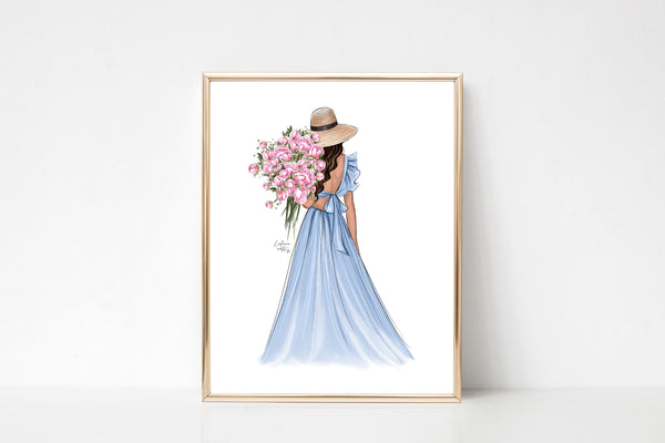 Summer girl with flowers. Floral blush pink or blue girly art print fashion Illustration