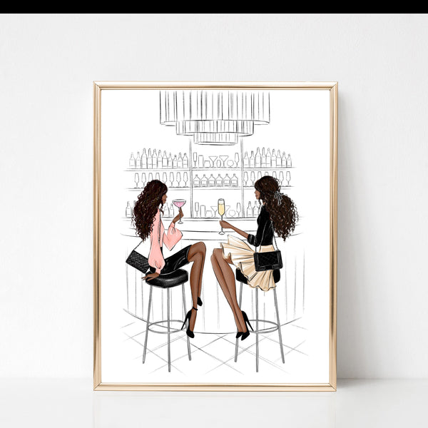 Customizable art print fashion illustration of 2 girlfriends in the bar