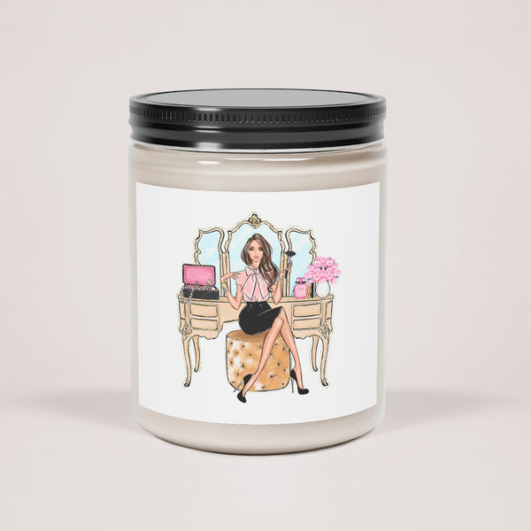 Scented Glass Jar Candle, 9oz girl on vanity fashion print on sticker. Vanilla or cinnamon scented candle