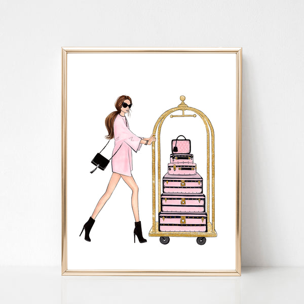 Girl with suitcases fashion illustration art print on paper