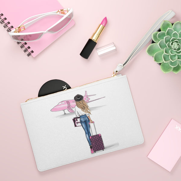 Girl and Pink Airplane Fashion illustrated Eco Leather Clutch Bag