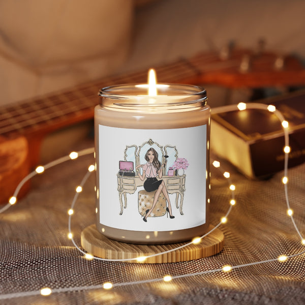 Scented Glass Jar Candle, 9oz girl on vanity fashion print on sticker. Vanilla or cinnamon scented candle