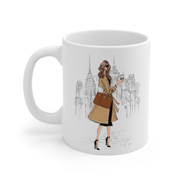 Girl in New York ceramic Mug 11oz. Fashion illustration coffee mug.