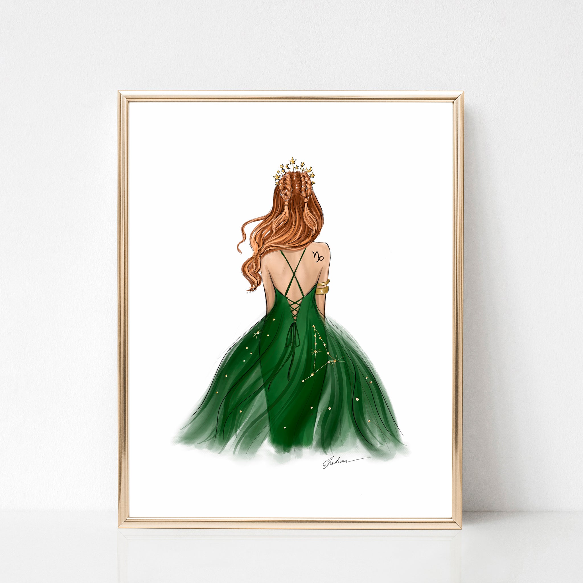 Capricorn Sign Girl in green or ruby dress Zodiac inspired fashion illustration art print