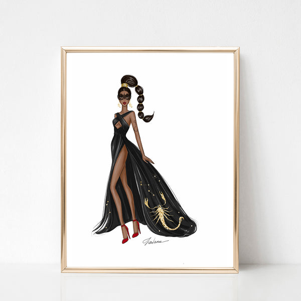 Scorpio Sign Girl in black gown and mascarade mask Zodiac inspired fashion illustration art print