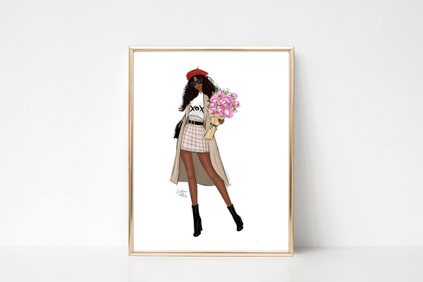 Spring outfit girl with flowers art print fashion illustration