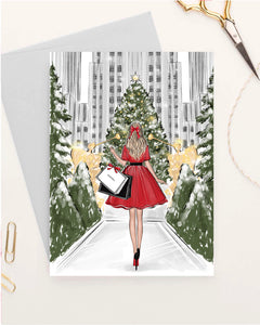 Rockfeller Center Christmas tree theme Set of 5 greeting cards fashion illustration