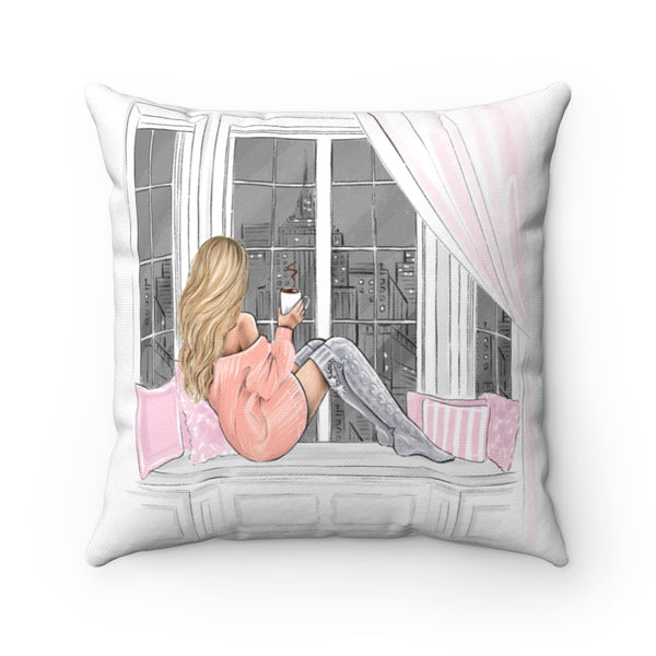 Girl with coffee on window cozy print Polyester Square Pillow