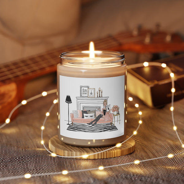 Scented glass jar Candle, 9oz with cozy at home girly print on sticker. Vanilla or cinnamon scented candle