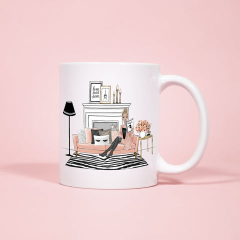 Cozy at home ceramic Mug 11oz. Fashion illustration coffee mug.