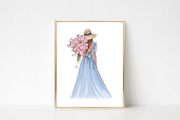 Summer girl with flowers. Floral blush pink or blue girly art print fashion Illustration
