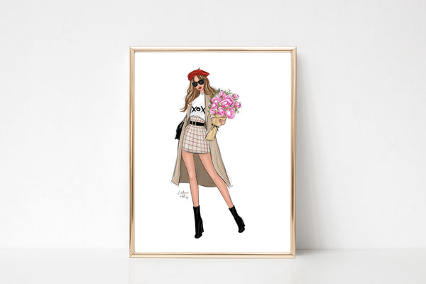 Spring outfit girl with flowers art print fashion illustration
