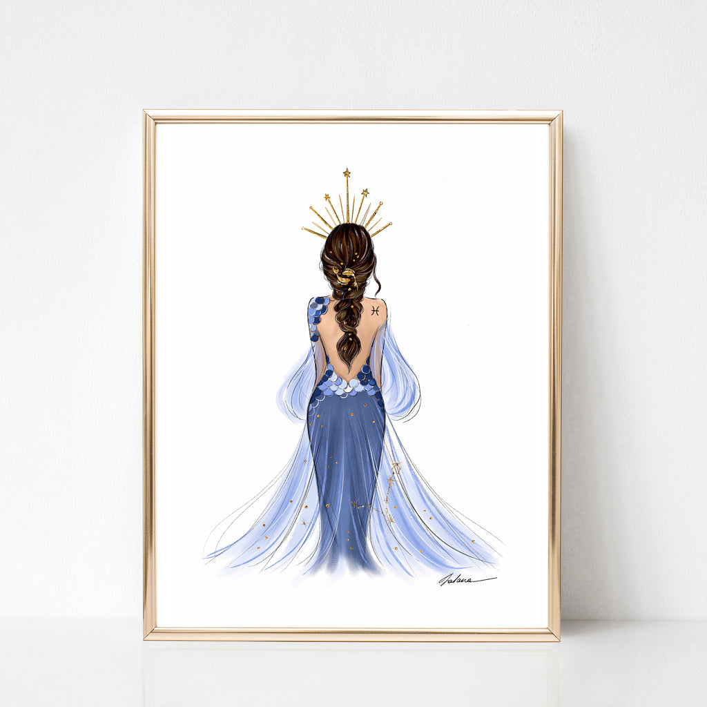 Pisces Sign Girl in blue mermaid dress Zodiac inspired fashion illustr – Lalana Arts