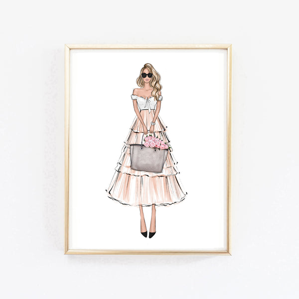 Romantic vibes outfit girl with flowers art print fashion illustration