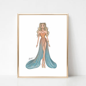 Capricorn Sign Girl in blue or cream dress Zodiac inspired fashion illustration art print