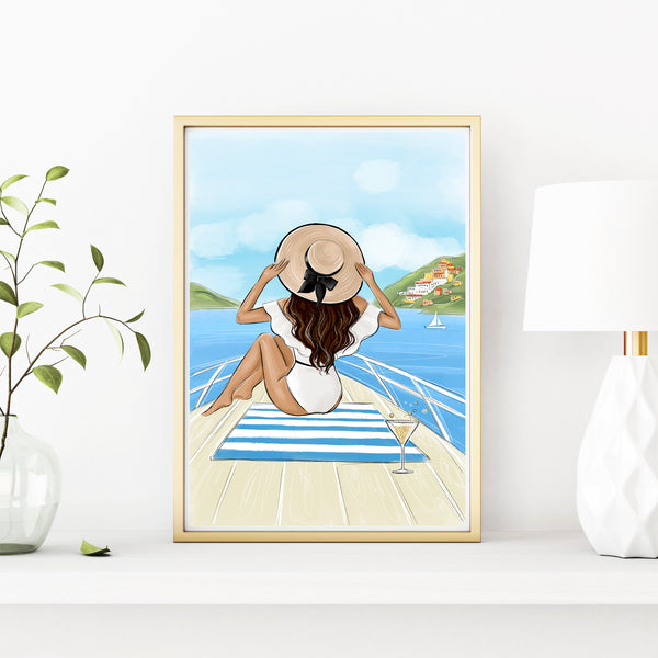 Girl on yacht summer art print fashion illustration