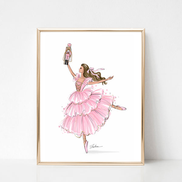 Nutcracker ballerina girl in pink or blue dress princess art print fashion illustration