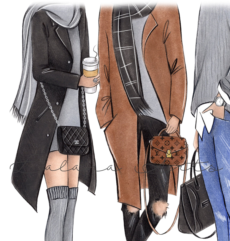 Fall outfit girl with umbrella art print fashion illustration – Lalana Arts