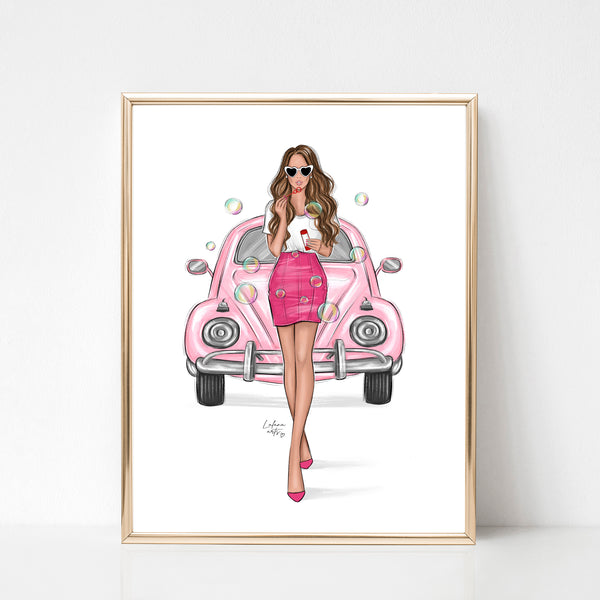 Summer girl with retro car art print fashion illustration