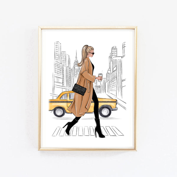 Girl with coffee in New York art print fashion illustration