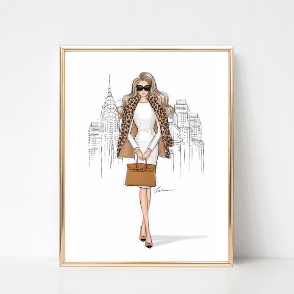 Girl in New York in Leopard Jacket art print fashion illustration