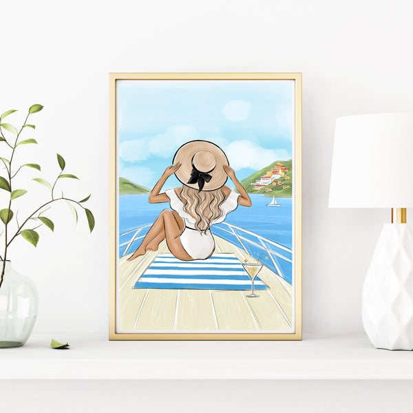 Girl on yacht summer art print fashion illustration