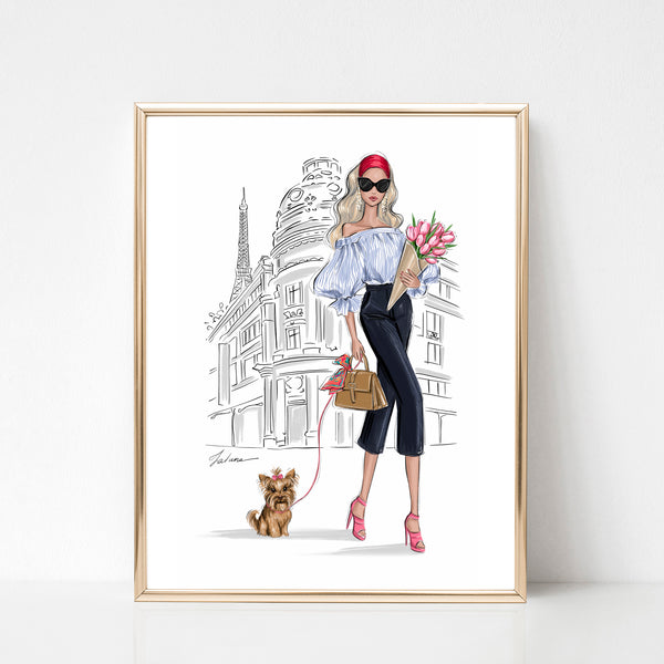 Girl in Paris with Yorkie and tulips art print fashion illustration