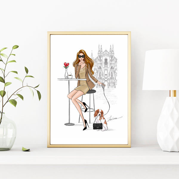 Girl in Milan with coffee and cute dog art print fashion illustration