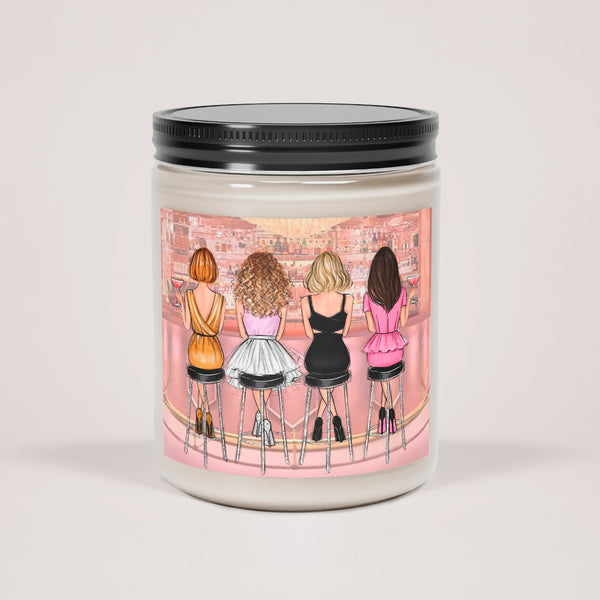 Scented Glass Jar Candle, 9oz with girls in bar label. Vanilla or cinnamon stick scented candle