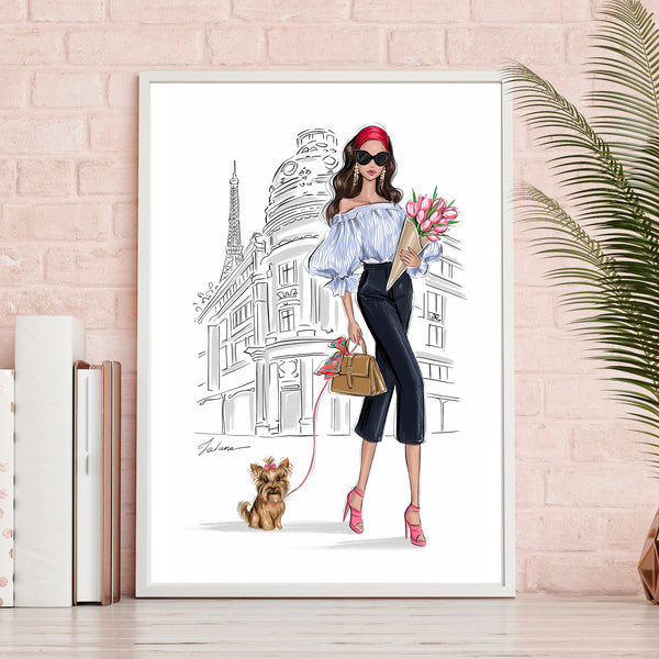 Girl in Paris with Yorkie and tulips art print fashion illustration