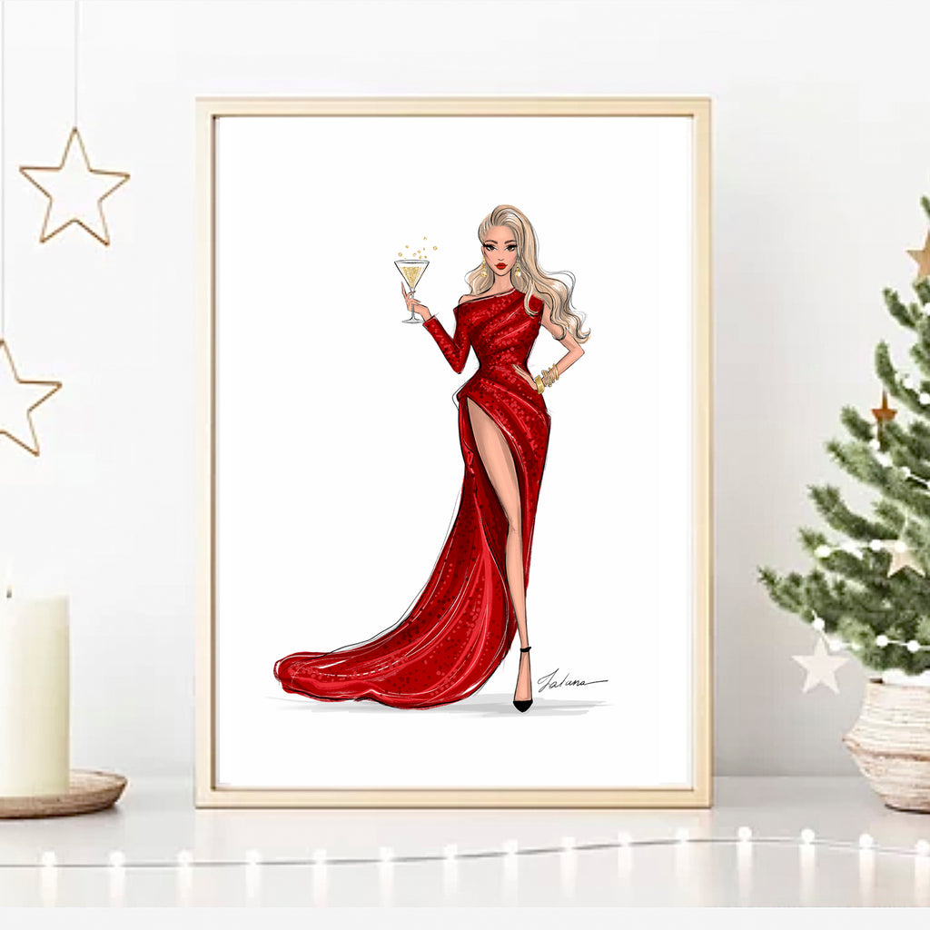 Girl in red gown Christmas art print fashion illustration Lalana Arts Girl in red gown Christmas art print fashion illustration Lalana Arts