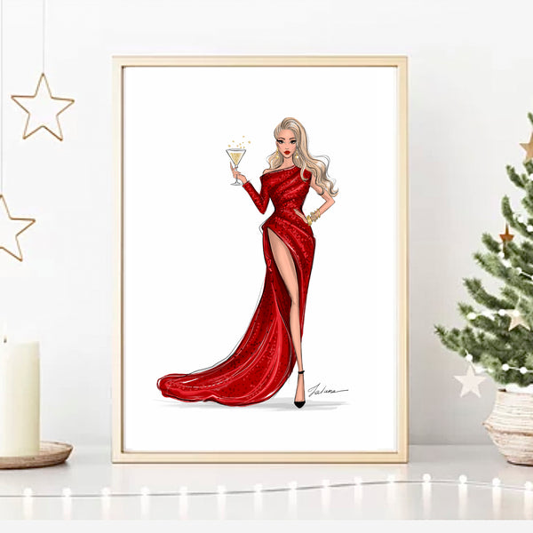 Girl in red gown Christmas art print fashion illustration