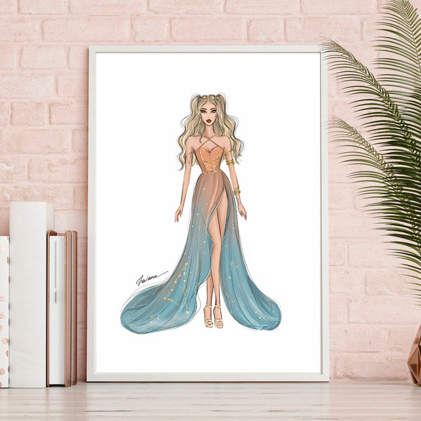 Capricorn Sign Girl in blue or cream dress Zodiac inspired fashion illustration art print