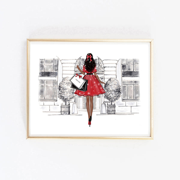 Christmas art fashion illustration of a girl in front of the shop vitrine