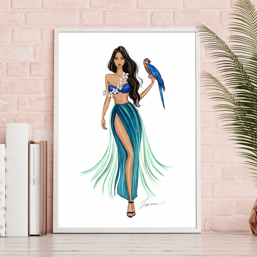 Island Girl in tropical dress summer art print fashion illustration Lalana Arts Island Girl in tropical dress summer art print fashion illustration Lalana Arts