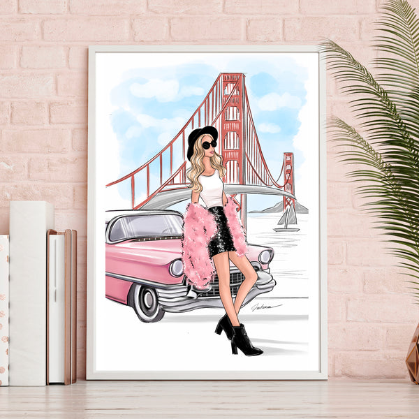 Girl in San Francisco on pink car art print fashion illustration