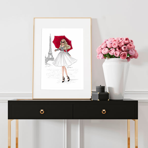 Girl with red umbrella in Paris art print fashion illustration