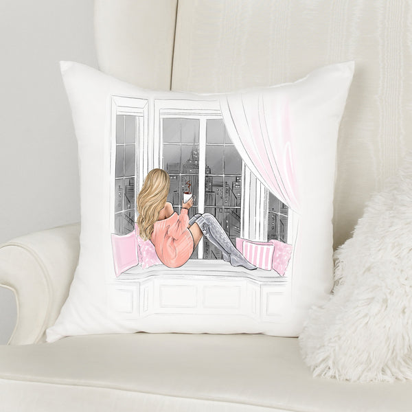 Girl with coffee on window cozy print Polyester Square Pillow
