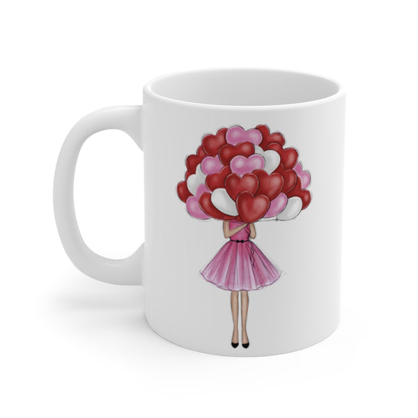 Girl with balloons ceramic Mug 11oz. Fashion illustration coffee mug.