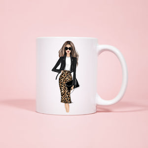 Leopard skirt girl ceramic Mug 11oz. Fashion illustration coffee mug.