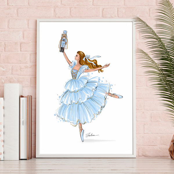 Nutcracker ballerina girl in pink or blue dress princess art print fashion illustration