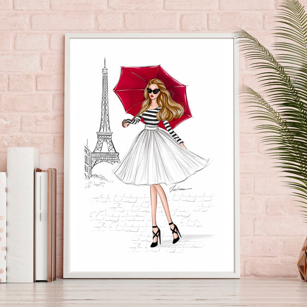 Girl with red umbrella in Paris art print fashion illustration