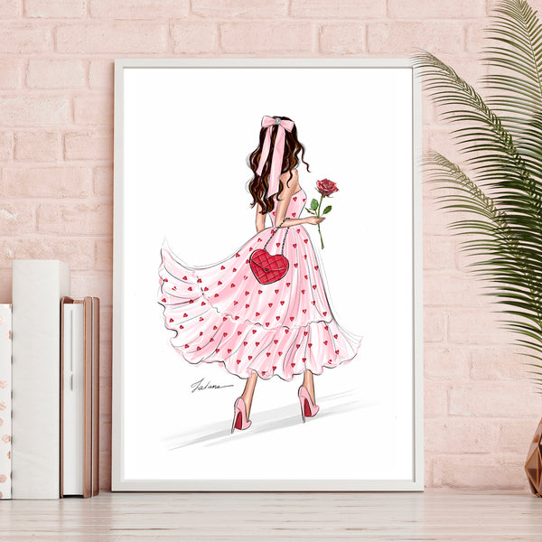 Girl in hearts dress with rose art print fashion illustration