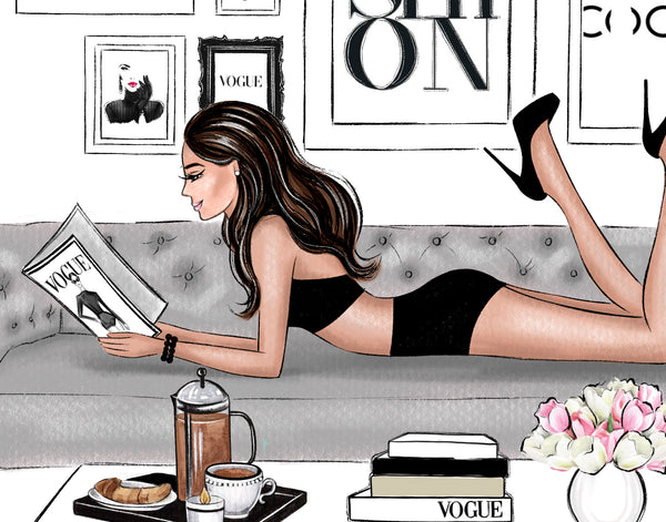 Girl on sofa reading magazine art print fashion illustration