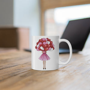 Girl with balloons ceramic Mug 11oz. Fashion illustration coffee mug.