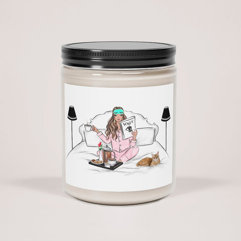 Scented glass jar Candle, 9oz with breakfast in bed girly print on sticker. Vanilla or cinnamon stick scented candle